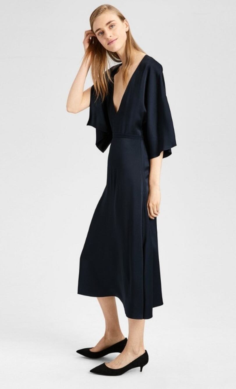 Theory Kensington Black Satin Midi Dress Women's Size 10 V-Neck Split Sleeve